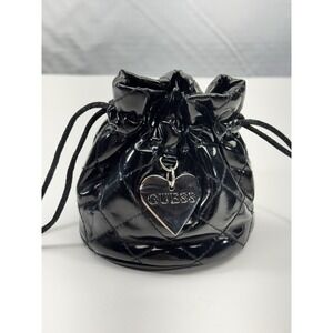 GUESS Black Quilted Patent Leather Mini Drawstring Small Storage Bag SilverHeart